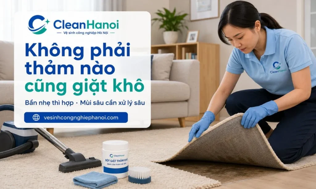 Giặt khô thảm phù hợp với thảm bám bụi nhẹ, mùi nhẹ và cần khô nhanh; không tối ưu với thảm bẩn sâu, mùi nước tiểu, dầu mỡ, ẩm mốc nặng hoặc mặt dưới thảm còn ẩm.