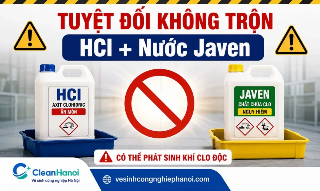 Cảnh báo không trộn axit HCl với nước Javen hoặc hóa chất chứa clo