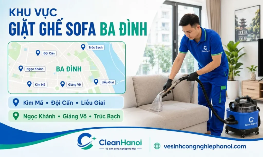 Hình minh họa khu vực CleanHanoi nhận giặt sofa tại Ba Đình gồm Kim Mã, Đội Cấn, Liễu Giai, Ngọc Khánh, Giảng Võ và khu vực lân cận.