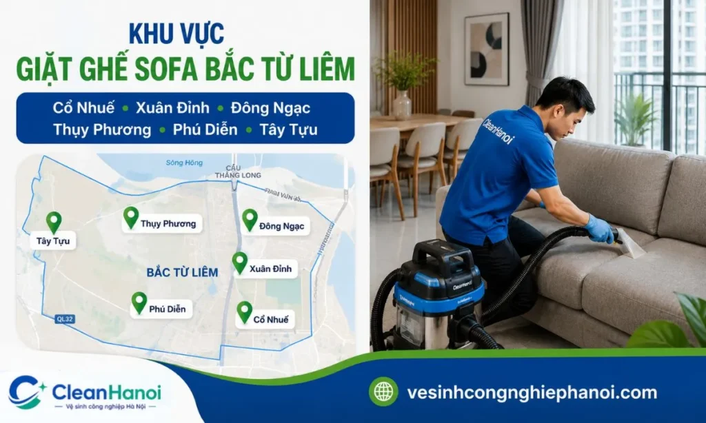 khu vực CleanHanoi nhận giặt sofa tại Bắc Từ Liêm gồm Cổ Nhuế, Xuân Đỉnh, Đông Ngạc, Thụy Phương, Phú Diễn và khu vực lân cận.
