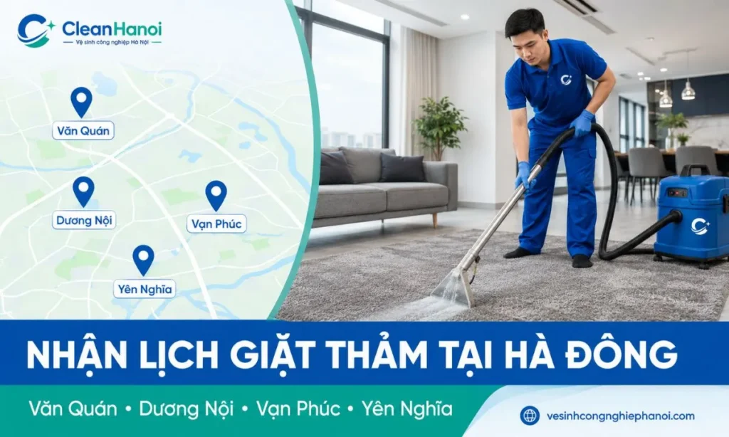 CleanHanoi nhận lịch giặt thảm tại các khu dân cư, chung cư và văn phòng ở Hà Đông.