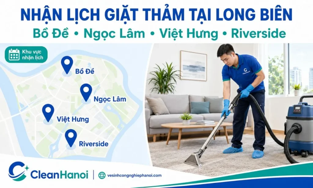 Khu vực CleanHanoi nhận giặt thảm gồm Bồ Đề, Việt Hưng, Ngọc Lâm và Vinhomes Riverside