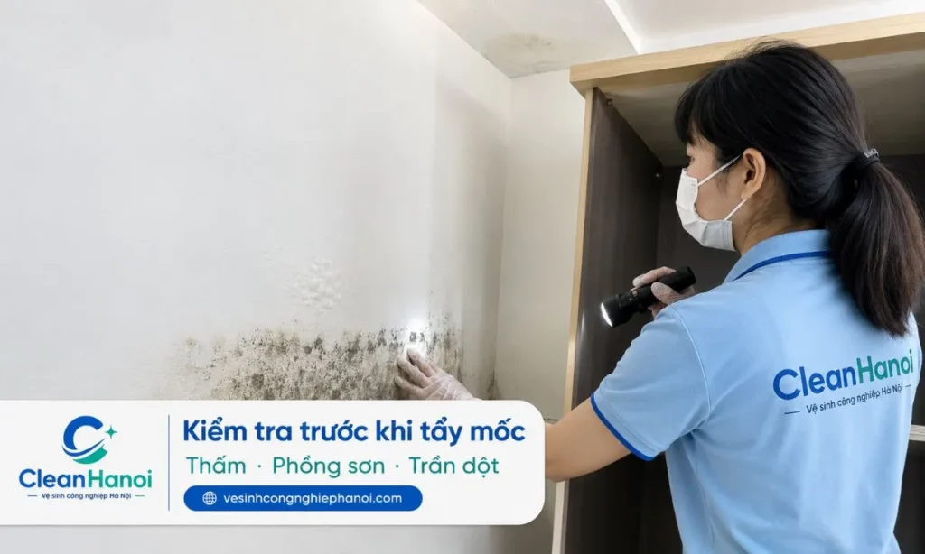 Trước khi tẩy mốc tường, cần kiểm tra tường có bị ẩm, phồng sơn, bong mép, bở bột bả, vệt dột trần hoặc mốc sau tủ hay không để tránh chà mạnh làm hỏng bề mặt.