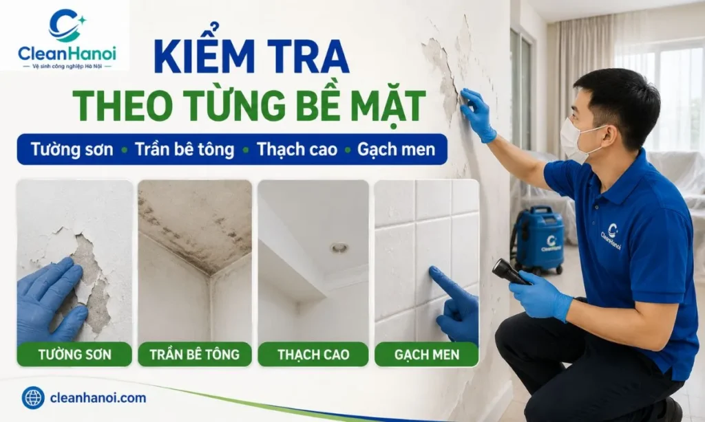 nhân viên kiểm tra độ bám của lớp sơn, tình trạng trần và mức độ mốc trước khi lựa chọn phương án vệ sinh.
