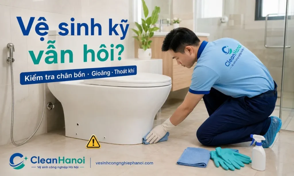 Nếu bồn cầu vẫn hôi dù đã vệ sinh kỹ, cần kiểm tra chân bồn, khe tiếp giáp với sàn, vết ẩm, rò nước, gioăng chân bồn, tiếng ọc ọc, thoát chậm hoặc dấu hiệu liên quan đến đường thoát và thông khí.