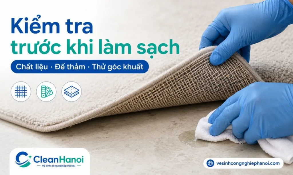 Trước khi vệ sinh thảm tại nhà, cần kiểm tra chất liệu thảm, lớp đế cao su hoặc đế keo, khả năng phai màu và thử dung dịch ở góc khuất để tránh co rút, xù sợi, bong đế hoặc bạc màu.