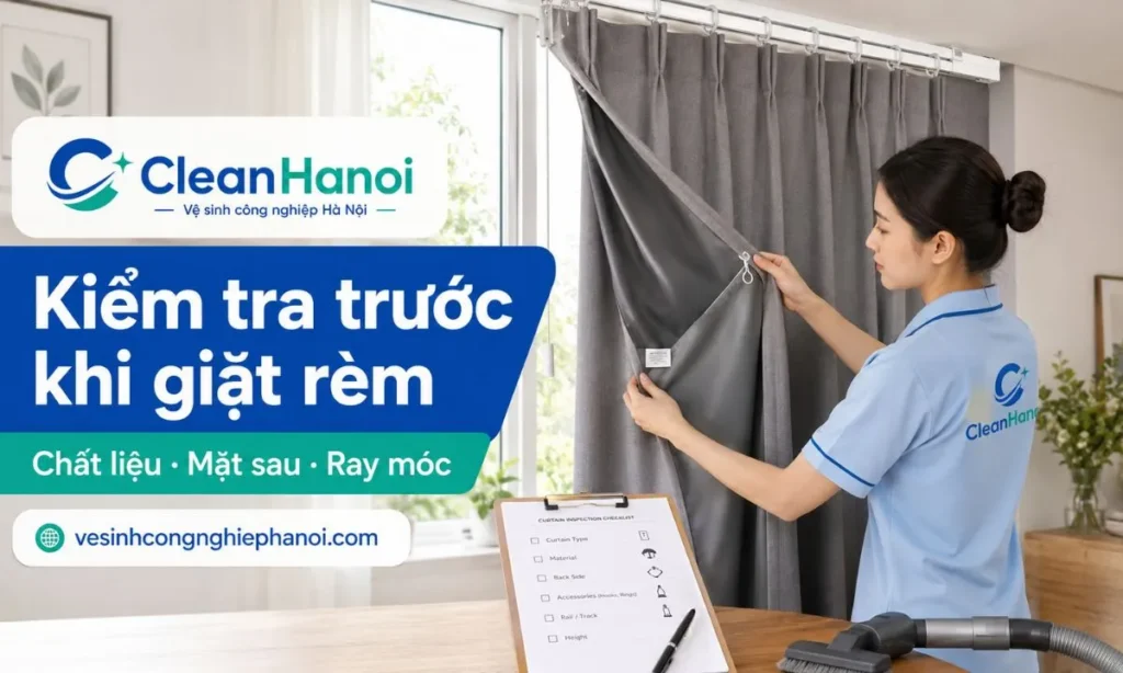 Trước khi vệ sinh rèm cửa, cần kiểm tra loại rèm, chất liệu, mặt sau rèm cản sáng, móc treo, ray, thanh kéo, dây kéo và tình trạng vải để chọn cách giặt hoặc vệ sinh tại chỗ phù hợp.