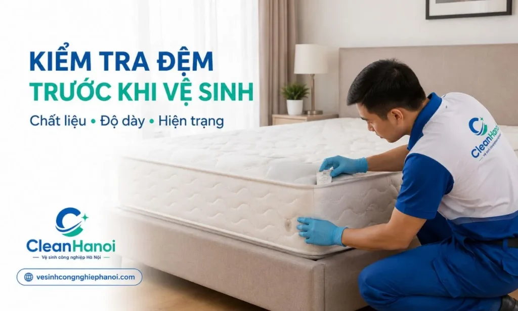 nhân viên CleanHanoi kiểm tra lớp vải bọc, đường may, độ dày và tình trạng vết bẩn trước khi lựa chọn phương pháp vệ sinh đệm.
