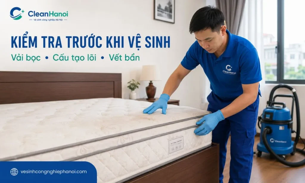 nhân viên kiểm tra chất liệu vải, độ dày, đường may và tình trạng vết bẩn trước khi lựa chọn cách vệ sinh đệm.