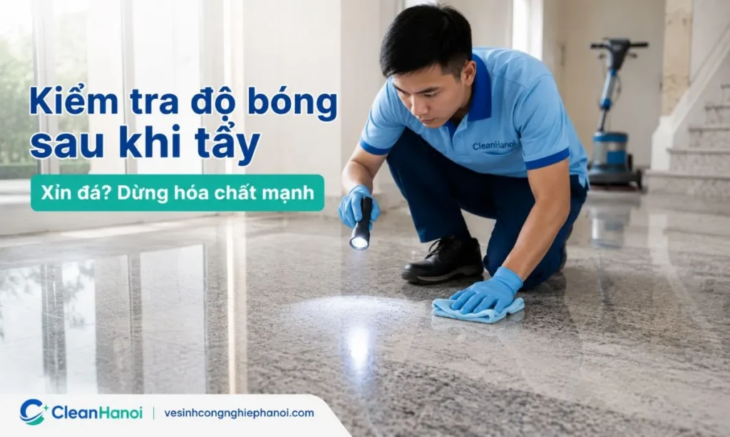 Sau khi tẩy xi măng trên nền đá, cần lau sạch, thấm khô và kiểm tra độ bóng dưới ánh sáng; nếu đá bị xỉn, loang màu, nhám bề mặt, mất bóng hoặc có vết ăn mòn, nên dừng dùng hóa chất và cân nhắc đánh bóng phục hồi.