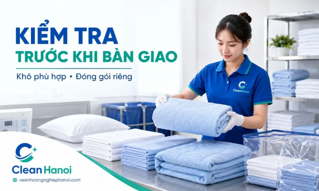 CleanHanoi kiểm tra chăn ga gối sau khi làm sạch, gấp gọn và đóng gói theo từng nhóm trước khi bàn giao.