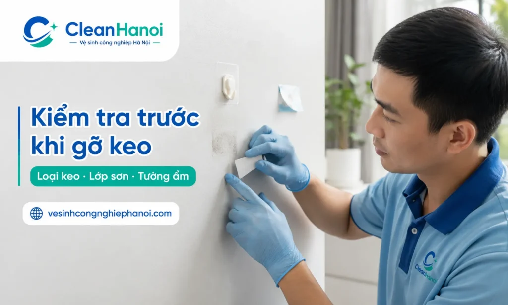 Trước khi tẩy keo dính trên tường, cần kiểm tra loại keo như băng dính 2 mặt, móc dán, sticker, decal và tình trạng tường như sơn cũ, tường ẩm, bả yếu hoặc tường gạch men để chọn cách xử lý phù hợp.