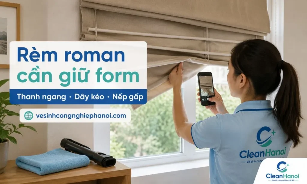 Trước khi giặt hoặc vệ sinh rèm roman, cần kiểm tra mặt trước, mặt sau, thanh ngang, dây kéo, nếp gấp và phụ kiện cố định để tránh lệch form, cong thanh hoặc lắp lại bị kéo lệch.