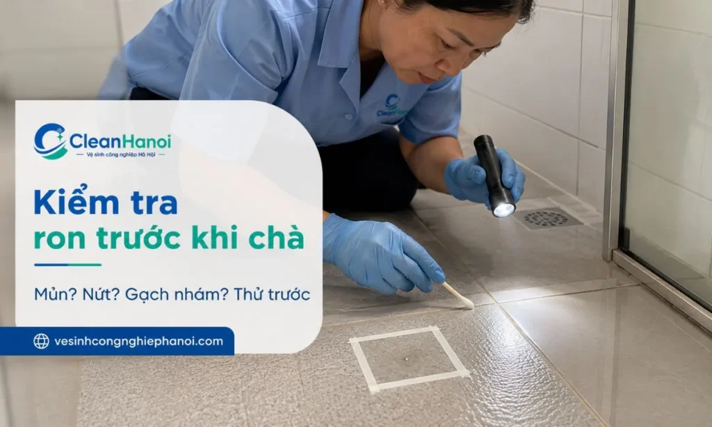 Trước khi làm sạch ron gạch, cần kiểm tra ron còn chắc hay đã mủn, gạch bóng hay gạch nhám, khu vực khô hay ẩm, vết bẩn mới hay lâu ngày và thử dung dịch ở góc khuất.