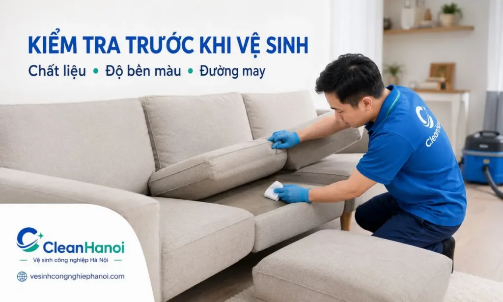 nhân viên CleanHanoi kiểm tra bề mặt vải, đường may, đệm tháo rời và thử độ bền màu trước khi vệ sinh sofa.