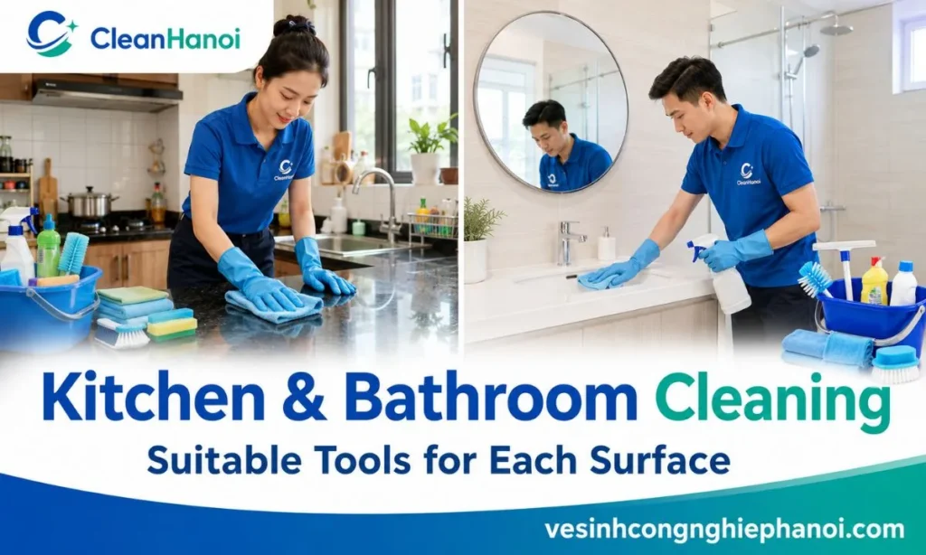 Cleaning kitchen countertops, sinks, cabinet exteriors, washbasins, mirrors, toilets and bathroom floors in Hanoi homes.