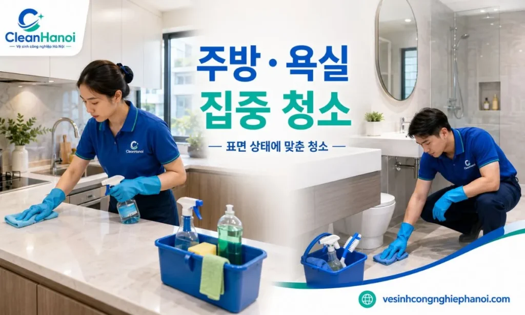 하노이 주택의 주방 조리대, 싱크대, 수납장 외부와 욕실 세면대, 거울 및 바닥을 청소하는 CleanHanoi 서비스입니다.