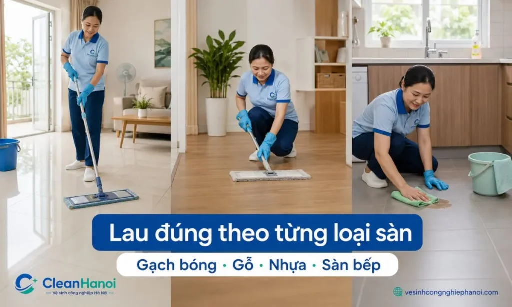 Mỗi loại sàn như sàn gạch men, gạch bóng, sàn gỗ công nghiệp, sàn nhựa giả gỗ và sàn bếp cần cách lau khác nhau về lượng nước, loại cây lau, dung dịch và cách làm khô sau khi vệ sinh.