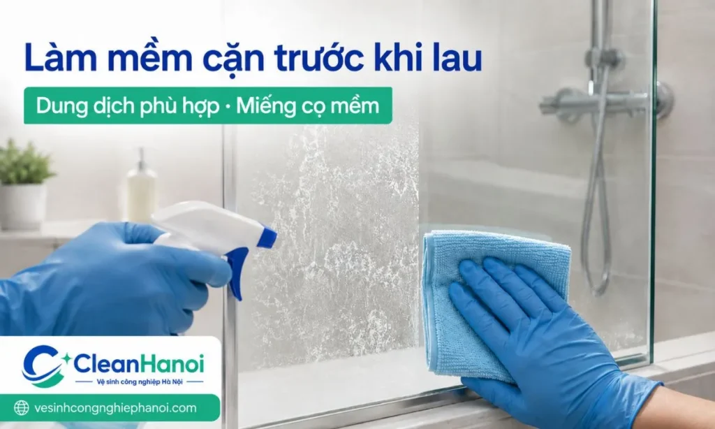 Khi tẩy cặn canxi trên vách kính nhà tắm, nên xịt dung dịch tẩy cặn phù hợp lên vùng ố trắng, để tác động trong thời gian ngắn rồi lau bằng khăn microfiber hoặc miếng cọ không xước.