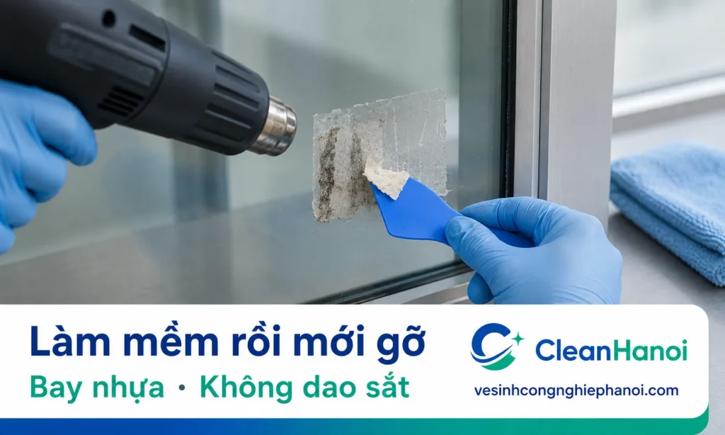 Khi tẩy băng dính 2 mặt hoặc băng keo xốp, nên làm mềm lớp keo bằng máy sấy mức vừa, khăn ấm hoặc dung dịch phù hợp, sau đó dùng bay nhựa hoặc dao cạo nhựa gỡ nhẹ từng lớp.