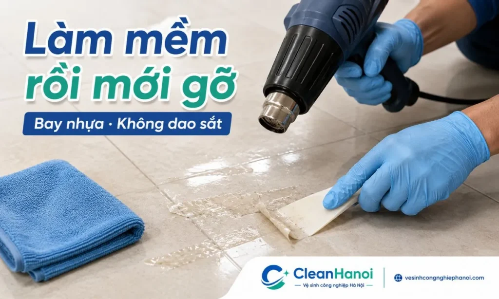 Khi tẩy keo dính trên sàn gạch sau thi công, nên làm mềm keo bằng khăn ấm, máy sấy mức vừa hoặc dung dịch phù hợp, sau đó dùng bay nhựa hoặc dao cạo nhựa gỡ nhẹ từng lớp.