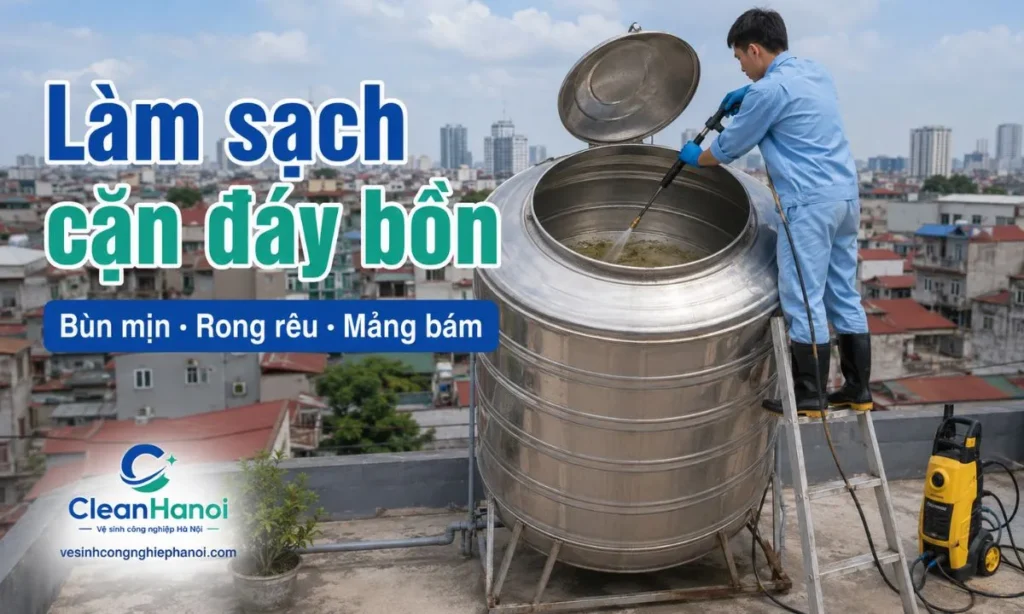 Quy trình vệ sinh bồn nước gồm kiểm tra bồn, khóa nước, xả bớt nước, làm sạch cặn đáy, bùn mịn, rong rêu, mảng bám ở thành bồn, sau đó xả rửa lại và kiểm tra nắp bồn.