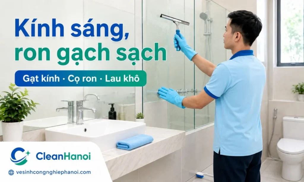 Làm sạch kính, gương, vách tắm và ron gạch nhà vệ sinh bằng khăn mềm, bàn chải nhỏ và gạt kính giúp giảm cặn xà phòng, vệt nước, ron đen và mảng bám ở góc tường.