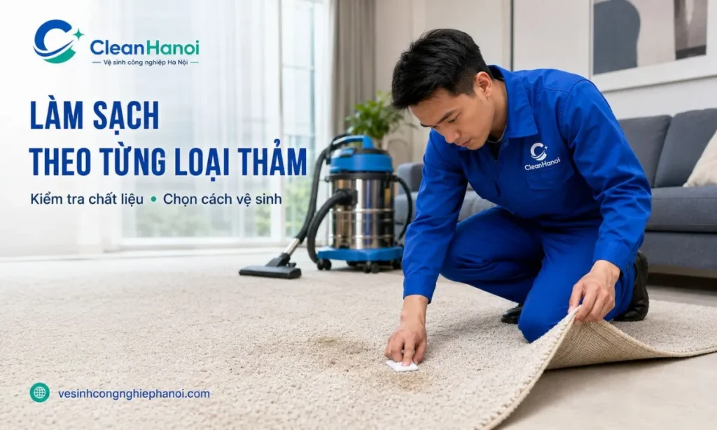 nhân viên CleanHanoi kiểm tra bề mặt, chất liệu và tình trạng vết bẩn trước khi vệ sinh thảm.