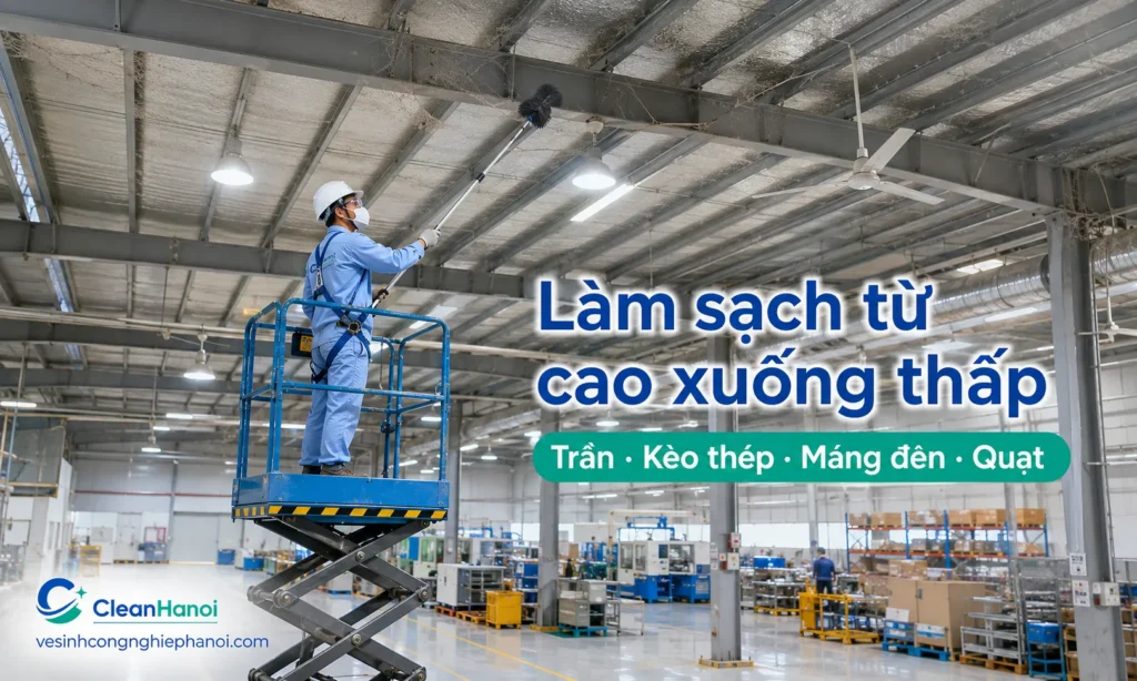 Làm sạch khu vực trên cao trong nhà xưởng gồm trần, kèo thép, máng đèn, quạt, đường ống treo và mạng nhện theo nguyên tắc từ cao xuống thấp để tránh bụi rơi lại xuống khu vực đã vệ sinh.
