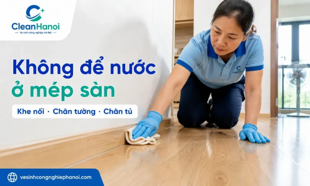 Sau khi vệ sinh sàn nhựa giả gỗ, cần lau khô khu vực mép sàn, khe nối, hèm khóa, chân tường, chân tủ và khu vực gần bếp để tránh nước đọng lâu gây bong mép, hở hèm hoặc mùi ẩm.
