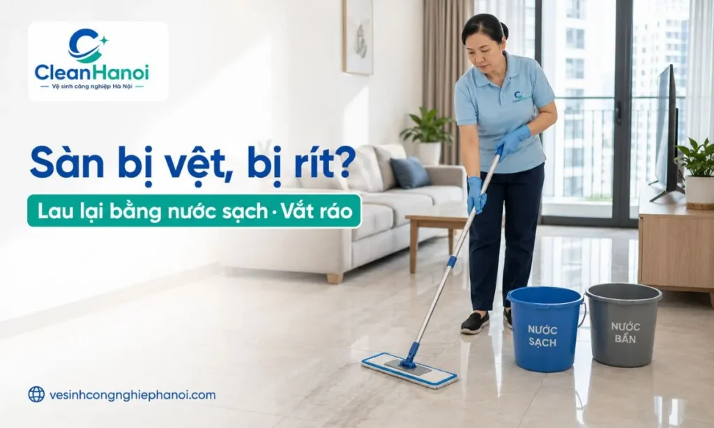 Nếu lau nhà xong sàn bị vệt nước, vệt đục, bết chân hoặc bị rít, nên giặt sạch cây lau, vắt ráo và lau lại bằng nước sạch để giảm cặn nước lau sàn trên bề mặt.