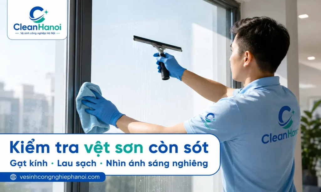 Sau khi tẩy sơn trên kính, cần lau lại bằng khăn microfiber sạch, dùng gạt kính cao su và kiểm tra dưới ánh sáng nghiêng để phát hiện vệt sơn, bụi sơn li ti hoặc màng mờ còn sót.