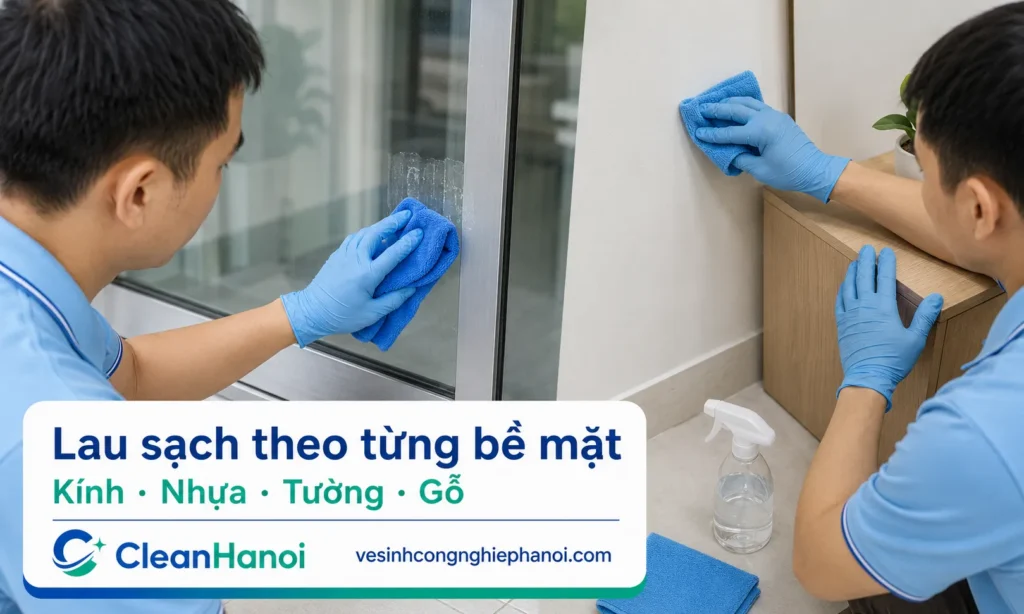 Sau khi tẩy keo băng dính, cần lau sạch cặn keo bằng khăn mềm và kiểm tra từng bề mặt như kính, nhựa, kim loại, nền gạch, tường sơn và gỗ để tránh xước, mờ, bong sơn hoặc loang lớp phủ.
