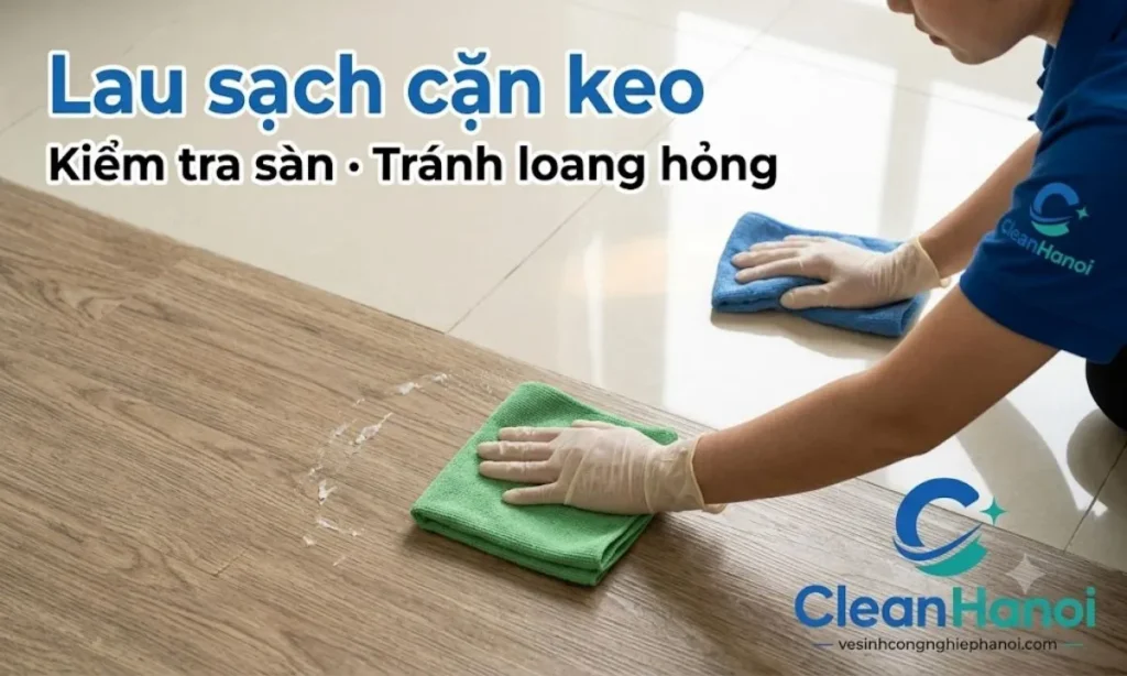 Sau khi tẩy keo dính trên nền nhà, cần lau sạch cặn keo và dung dịch còn lại, lau ẩm vừa đủ với sàn nhựa, sàn gỗ, nền đá và kiểm tra bề mặt để tránh loang màu, mất bóng hoặc hỏng lớp phủ.