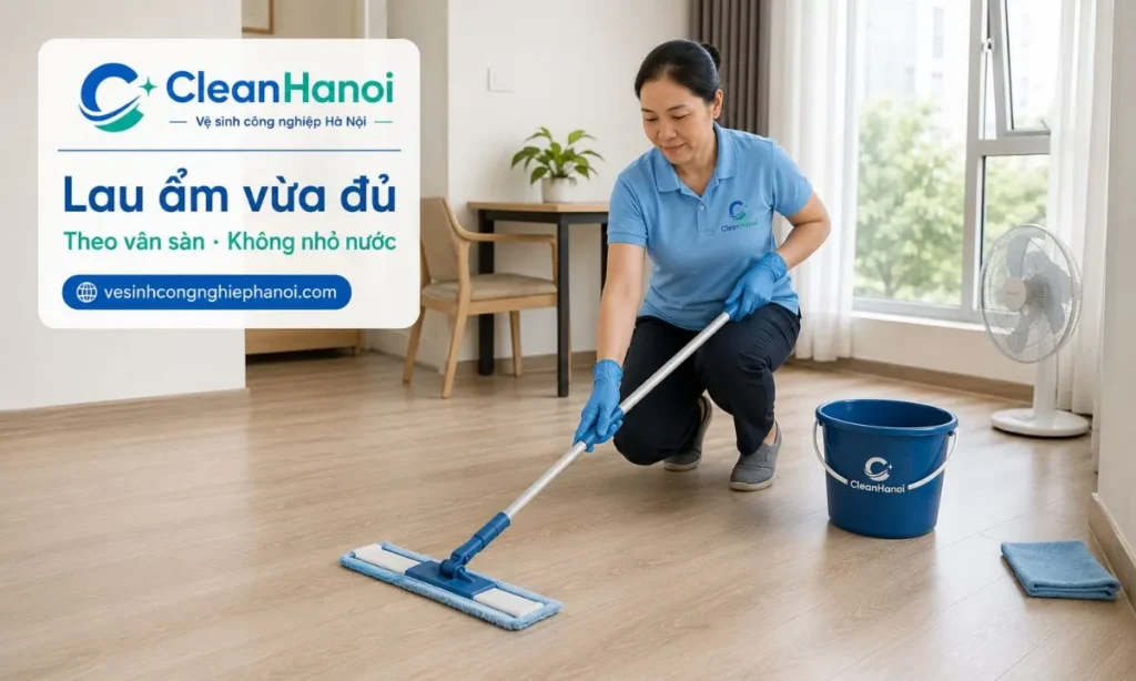 Khi lau sàn nhựa giả gỗ hằng ngày, nên hút bụi trước, dùng cây lau microfiber vắt ráo, lau theo chiều vân sàn, không để cây lau nhỏ nước và làm khô các vị trí dễ đọng nước.
