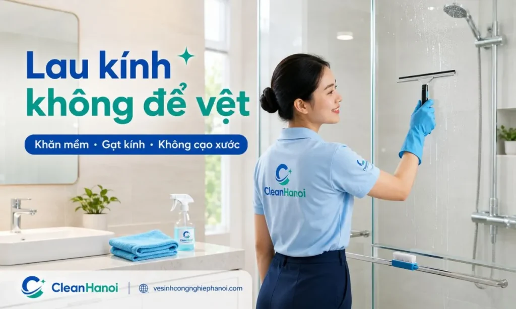 Khi vệ sinh vách kính nhà tắm, nên dùng khăn microfiber, miếng cọ mềm, dung dịch phù hợp và gạt kính từ trên xuống dưới để hạn chế vệt nước, xà phòng và màng mờ trên kính.