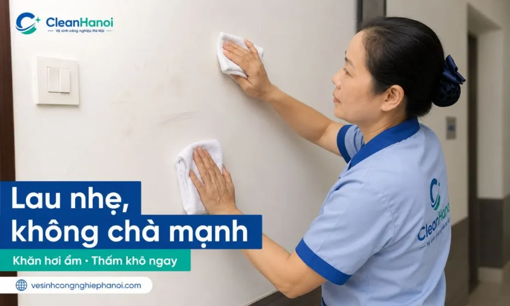 Với vết tay, bụi và vết quệt nhẹ trên tường sơn, nên phủi bụi khô trước, dùng khăn microfiber hơi ẩm vắt thật ráo lau nhẹ từng vùng nhỏ, không chà xoáy và thấm khô ngay sau khi lau.