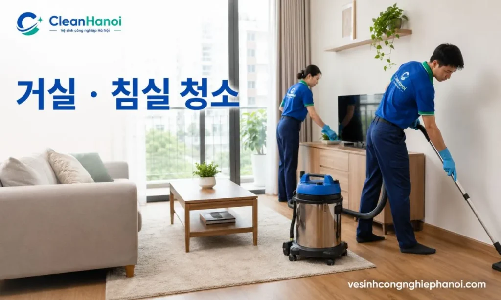 CleanHanoi 직원이 하노이 가정집의 거실과 침실에서 바닥, 가구 외부, 문손잡이와 접근 가능한 틈새를 청소하고 있습니다.