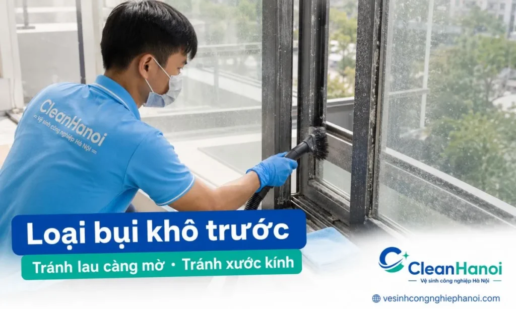 Trước khi tẩy xi măng trên kính, cần dùng chổi mềm, khăn khô sạch hoặc máy hút bụi để loại bỏ bụi xi măng trên kính, mép kính, khung cửa và ray cửa trước khi xịt nước hoặc dùng dung dịch.