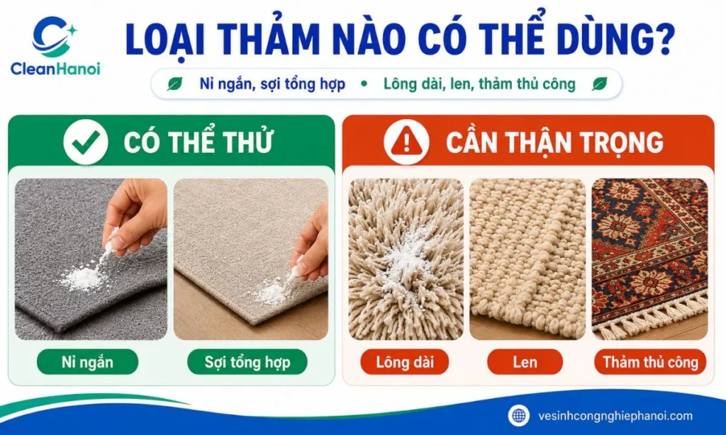 mức độ phù hợp khi sử dụng baking soda cho thảm nỉ ngắn, thảm sợi tổng hợp, thảm lông dài, thảm len và thảm thủ công.