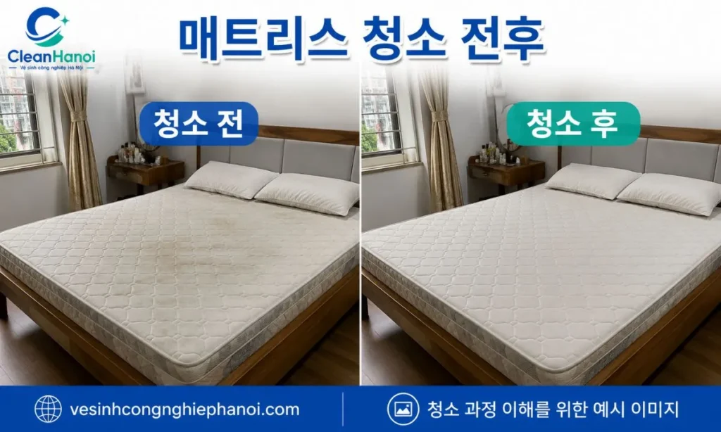먼지와 생활 오염이 있던 매트리스를 CleanHanoi가 청소한 전후 상태를 같은 각도에서 비교한 이미지입니다.