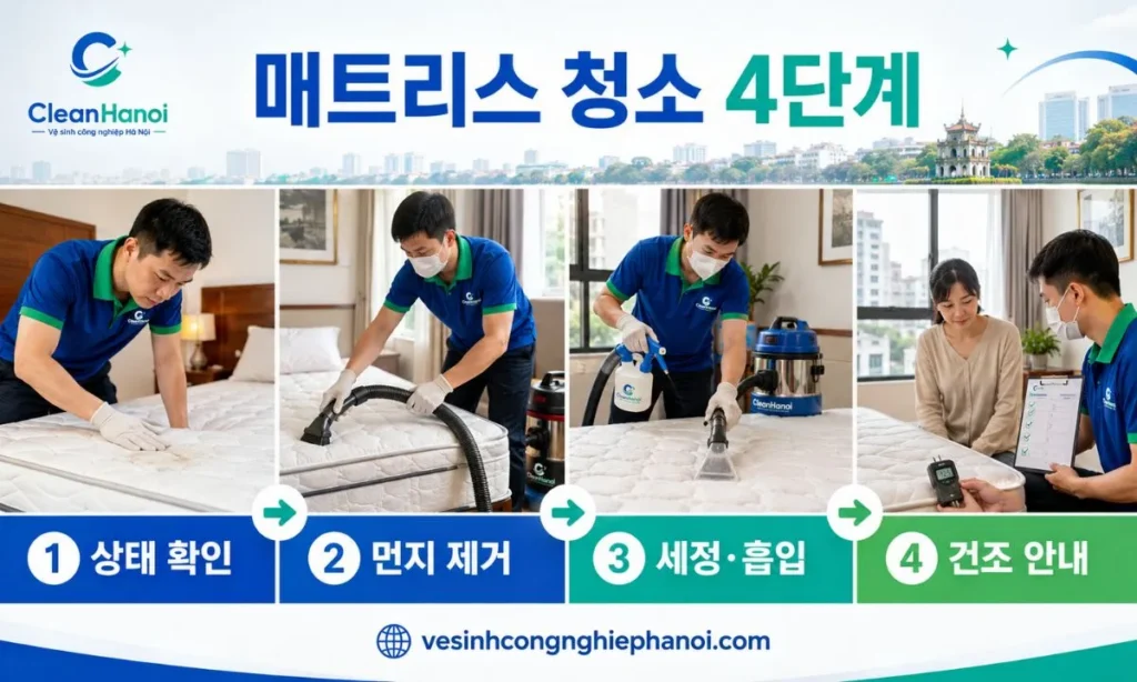 매트리스 상태 확인, 건식 먼지 제거, 세정 작업, 습식 흡입과 건조 안내까지 진행하는 CleanHanoi의 작업 과정입니다.
