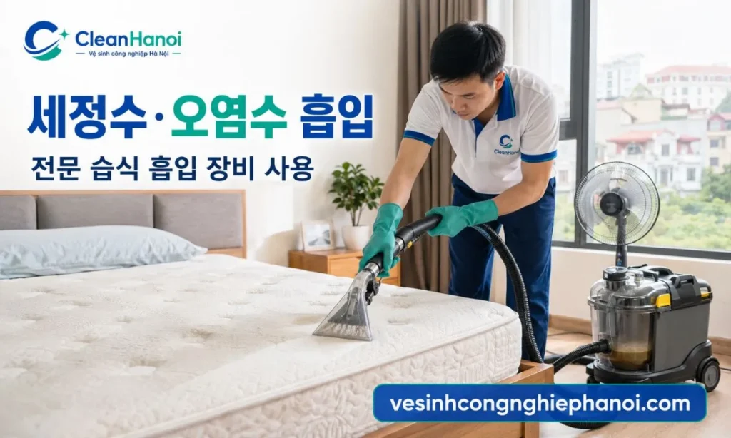 전문 습식 흡입 장비를 사용해 매트리스 표면의 세정수와 오염수를 회수하는 CleanHanoi의 작업 모습입니다.