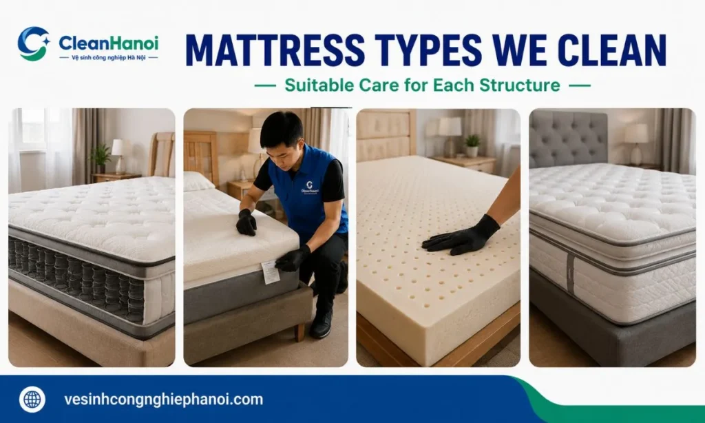 CleanHanoi cleans spring, foam, memory foam, latex, pillow-top and other common household mattresses using methods selected for each structure.