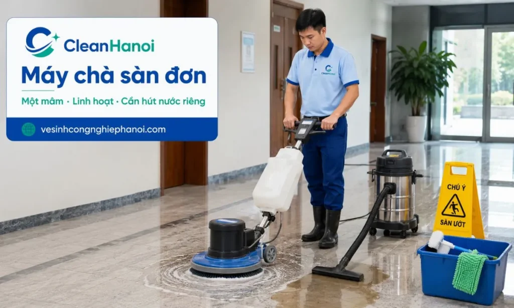 Máy chà sàn đơn một mâm linh hoạt cho khu vực vừa và nhỏ, nhưng khi chà ướt thường cần máy hút nước hoặc dụng cụ thu gom nước bẩn riêng để sàn không bị trơn, bết hoặc để lại vệt.