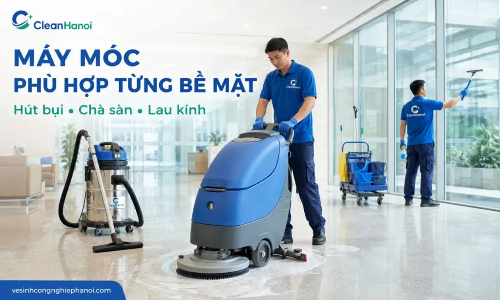 Nhân viên CleanHanoi sử dụng máy hút bụi, máy chà sàn và dụng cụ lau kính tại Đan Phượng