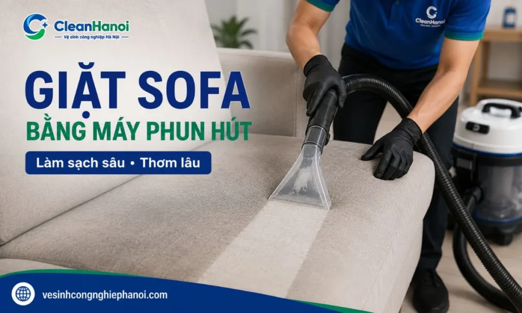 CleanHanoi sử dụng đầu hút để làm sạch bề mặt sofa vải và thu hồi dung dịch sau khi vệ sinh.