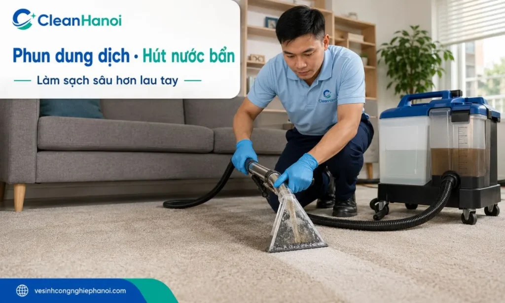 Máy phun hút giặt thảm hoạt động bằng cách phun dung dịch vệ sinh xuống sợi thảm, làm mềm bụi bẩn, sau đó hút nước bẩn và dung dịch dư ra khỏi thảm để hỗ trợ làm sạch sâu hơn lau tay.