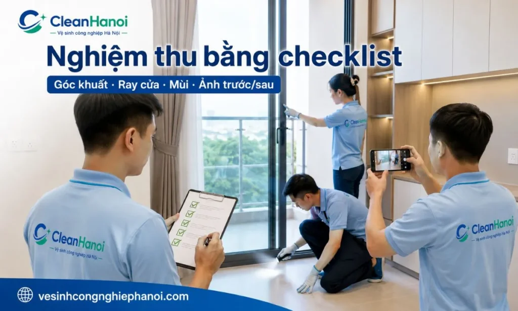 Dùng checklist nghiệm thu sau vệ sinh để kiểm tra bụi, vết bẩn, mùi, nước đọng, ray cửa, góc khuất, gầm tủ, chân tường và chụp ảnh trước sau khi cần kiểm soát chất lượng.