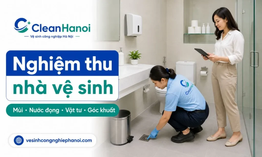 Nghiệm thu vệ sinh nhà vệ sinh cần kiểm tra bồn cầu, lavabo, gương kính, sàn, thoát sàn, ron gạch, mùi, nước đọng và vật tư như giấy, xà phòng, túi rác.
